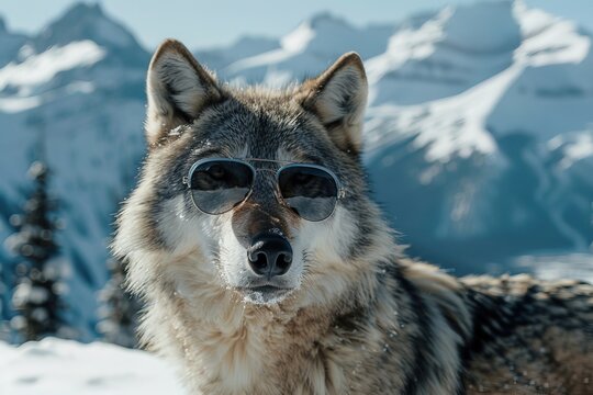 portrait wolf in sunglasses against on snow capped mountains background on a sunny day
