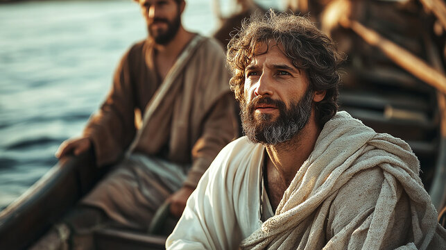 Jesus leading Simon Peter and Andrew on a fishing expedition. Concept: Biblical Stories, Jesus's Miracles, Fishing
