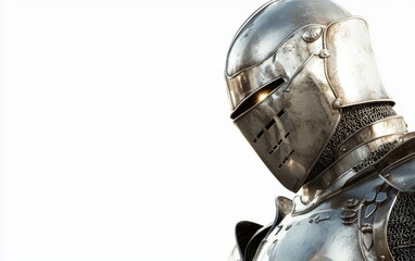 A photorealistic image of a medieval warrior in full armor, his eyes glowing with determination
