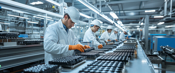 Workers inspecting and assembling lithium-ion batteries in a factory. Concept: Battery Manufacturing, Quality Control, Factory Production