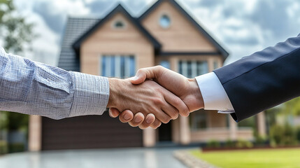 A bank loan officer congratulates a customer on their approved home loan. Concept: Loan Approval, Bank Officer, Success