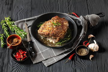 Juicy Roast Pork Neck on table, top view