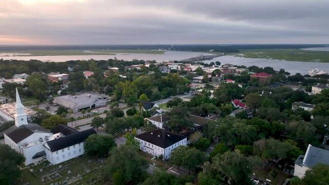 sunrise aerial push in to downtown beaufort sc, south carolina