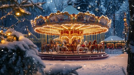 Festive christmas background featuring a beautiful carousel with snow covered horses