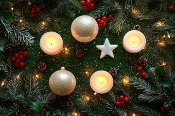Fototapeta premium Magnificent Christmas decor to enjoyable party. Top view of gleaming balls, star-shaped candles, scattered confetti, frosted pine branches, festive holly berries on verdant backdrop with generative ai