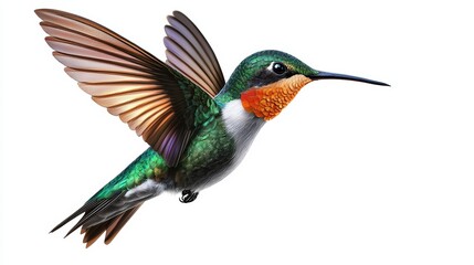 A stunning and detailed photo of a hummingbird in flight, capturing its delicate wings and iridescent feathers, rendered in ultra-realistic 10K