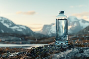 ai generative mineral water bottle with mountain background