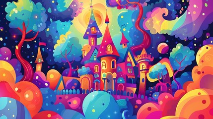 Obraz premium Fantasy Castle Illustration with Colorful Trees and Stars