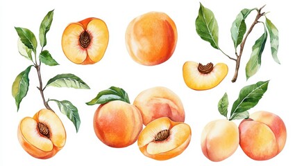 Naklejka premium Set of watercolor illustrations of fruit peach,Peach with leaves seamless pattern,tender juicy fruits peaches,hand painted,menu smoothie,botanical watercolor.