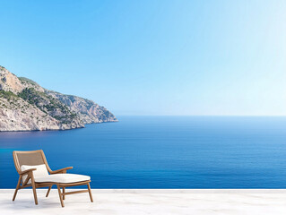 Fototapeta premium Terrace with rattan chairs. Arch with stunning sea view. Summer vacation background