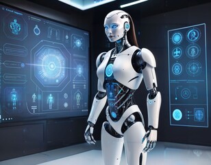 Futuristic Humanoid AI Robot with Holographic Interfaces