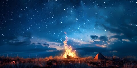 Camping fire under the amazing blue starry sky with a lot of shining stars and clouds

