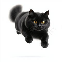 An 8k photorealistic image of a furry black cat with piercing yellow eyes, leaping through the air