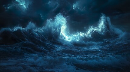 Fototapeta premium Serene seascape with dark ocean glowing under neon lit sky picture