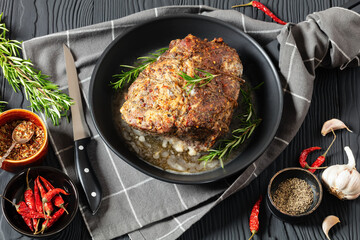 Juicy Roast Pork Neck on table, top view