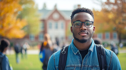 Portrait of a black man on a college campus with students in the background. Concept: College Portrait, Campus Life, Diversity