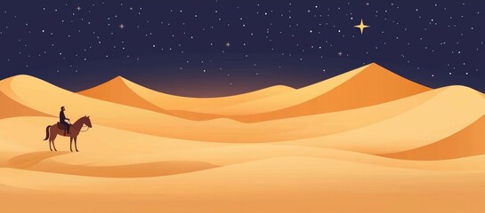 An expansive desert landscape under a star-lit sky, a lone traveler on horseback silhouetted against the dunes
