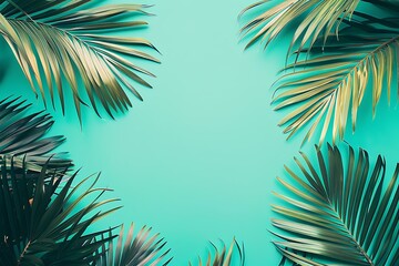 Tropical Palm Leaves Background on Turquoise