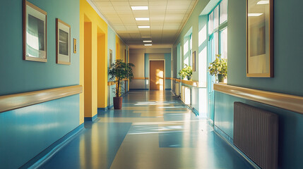 Nursing Home Corridor: Well-lit and tidy corridor in a nursing home. Concept: Nursing Home, Corridor, Clean Environment