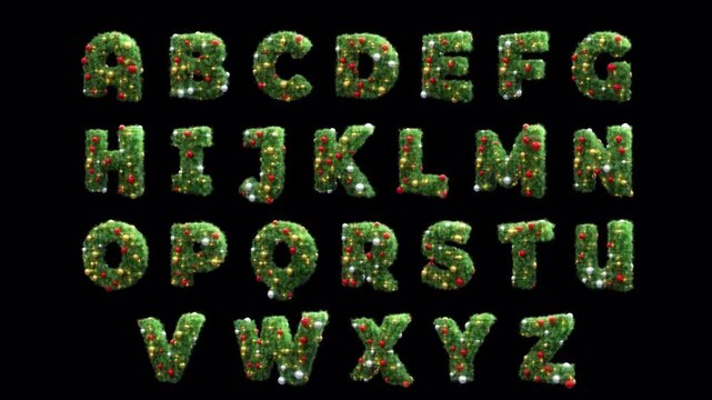 Looped 3D alphabet letters. Stylized for Christmas and New Year holidays. Transparent background with alpha channel.