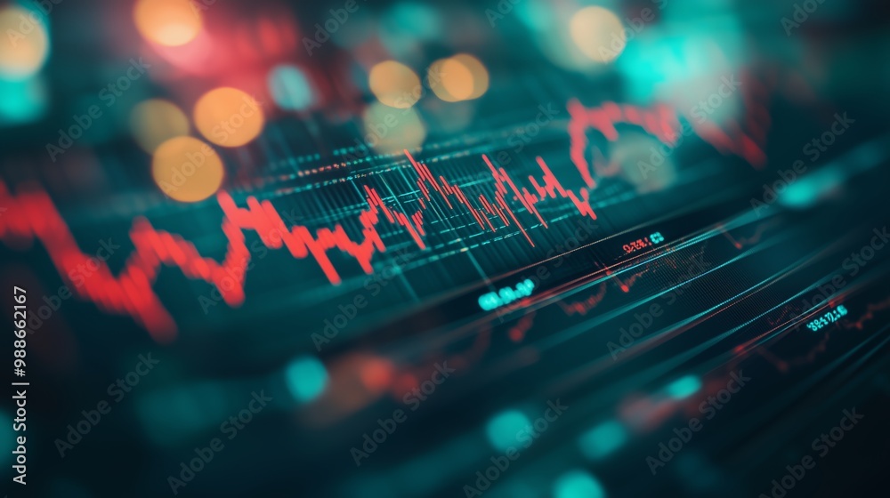 Poster a close-up view of a financial data graph with fluctuating red lines on a digital interface illumina