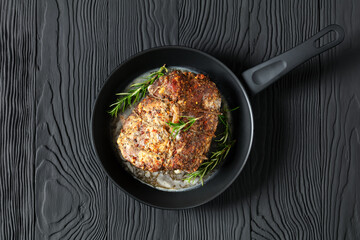 Juicy Roast Pork Neck on table, top view