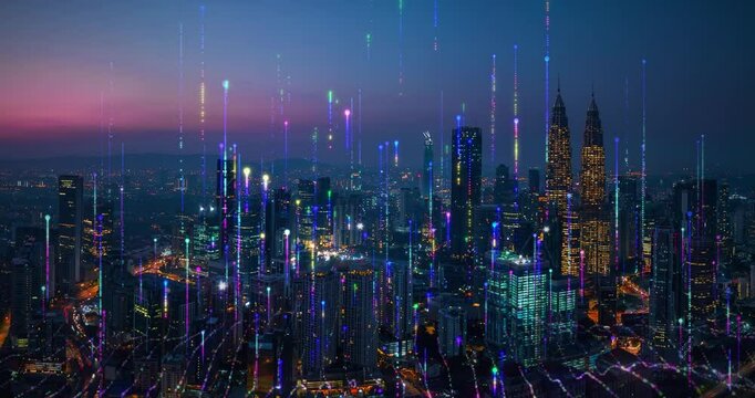 Smart city and abstract dot point connect with gradient line and aesthetic Intricate wave line design , big data connection technology concept