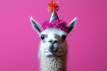 portrait of adorable fluffy lama in party hat on pink background. Birthday celebration concept