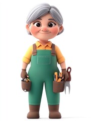 A cheerful elderly woman in gardening attire, holding tools for planting and maintenance.