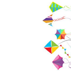 Kids banner with colored flying kites, wing hobby toys, prosperity traditional, custom sankranti ceremony, vector illustration, freedom fly toy banner, vector illustration