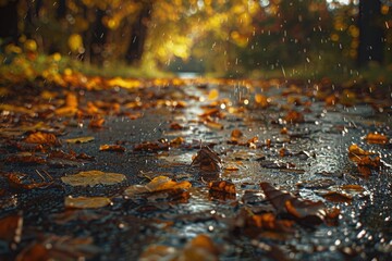 Fototapeta premium ai generative road full of fallen maple leaves