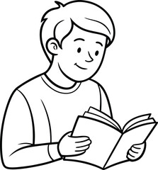 Young man reading book line art vector illustration on black and white. 