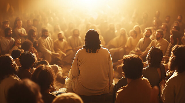 Jesus gives a lesson to a crowd. Concept: Religious Teaching, Inspirational Lesson, Jesus