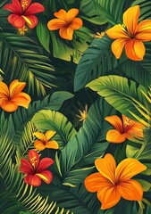 Tropical Leaves and Flowers Seamless Pattern