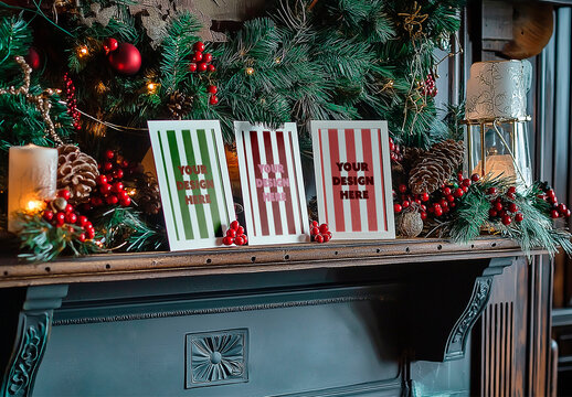 Mockup Christmas Cards Fireplace Living Room AI Generated