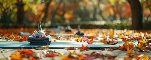 A peaceful yoga class in a park during autumn, with colorful leaves creating a beautiful backdrop