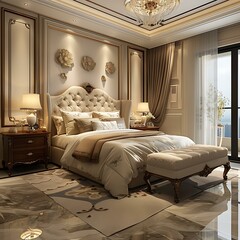 A bedroom with a large bed, a bench, two nightstands, and a large window.