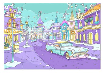 Winter Town Illustration With Cartoon Style Buildings And A Car