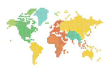 Fototapeta premium A colorful world map is displayed, highlighting continents with vibrant dots over a white surface, Dotted World Map, White Background