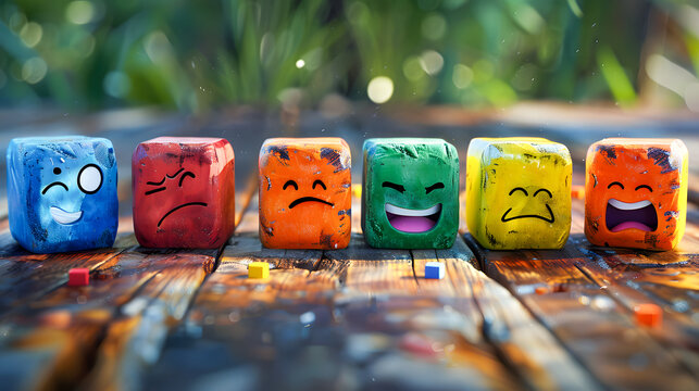 concept of Different emotions drawn on colorful cubes, wooden background
