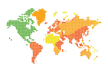 Fototapeta premium A world map made of dots displays various geographical regions in bright colors on a white background, Dotted World Map, White Background