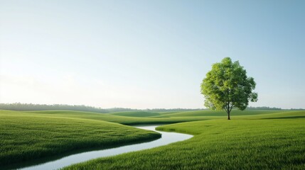 Obraz premium A tranquil landscape featuring a solitary tree beside a winding creek under a clear blue sky in the early morning light.