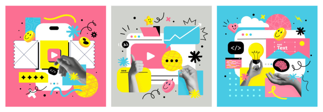 Contemporary artwork. Creative design, employees working together to create new profitable idea. Concept of business, success, growth, teamwork, career development. Copy space for ad. Vector