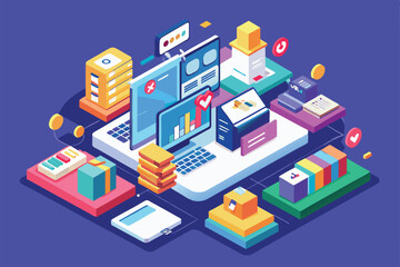 A customizable ecommerce web page design showcases products, graphs, and user interface elements, Ecommerce web page Customizable Isometric Illustration