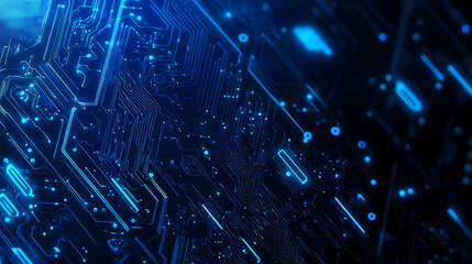 Futuristic representation of quantum computer technologies with a blue circuit board design showcasing modern technology and wave patterns on the right side