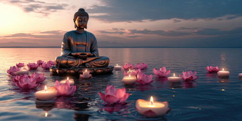 A Buddha statue meditating on the water, surrounded by pink lotus flowers and candles floating in the sea at dusk.