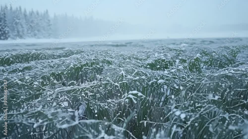 Poster Frozen grass and reeds covered by snow and ice on the shore of a lake during a snowstorm. The lake and forest in the background are barely visible through the falling snow