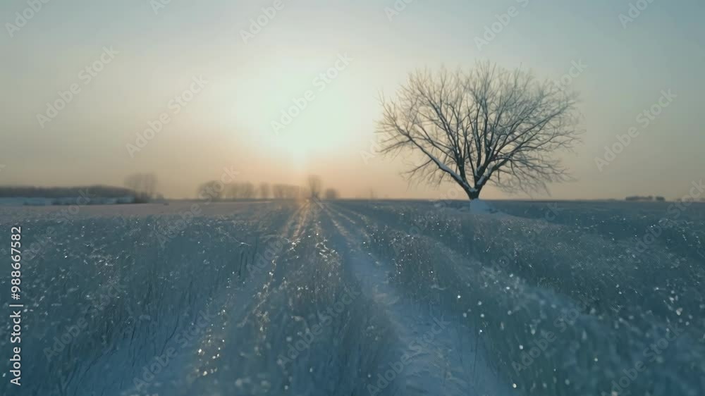 Poster snow covered field with frozen grass glowing during a golden hour sunrise in winter. a lone tree sta