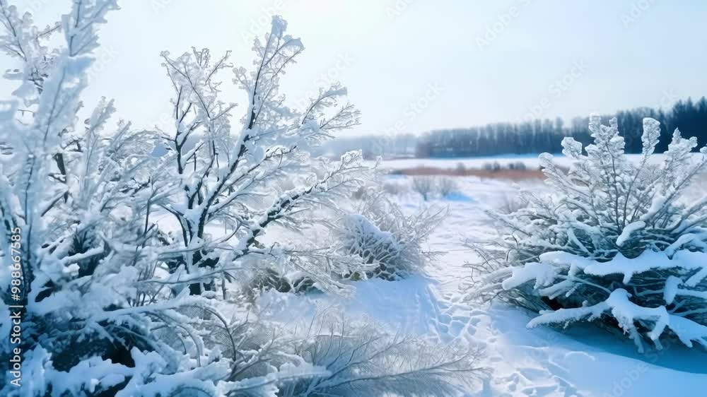 Poster serene winter scene with a snow covered path winding through a sunny landscape. surrounded by frosty
