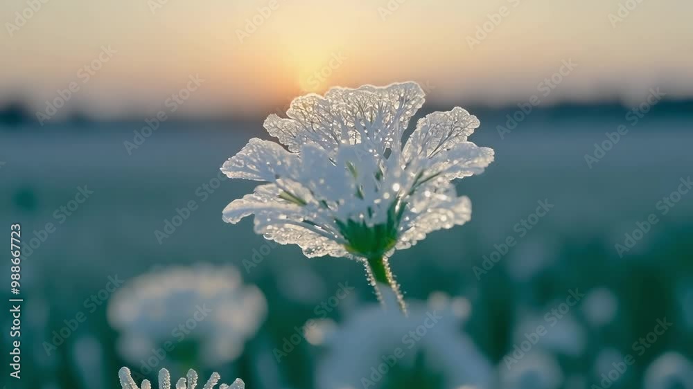 Poster close up of a frozen flower during a colorful sunset, sparkling with ice crystals covering its petal